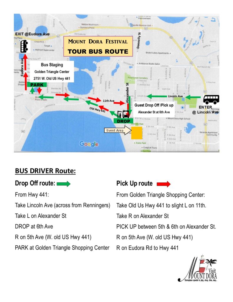 Mount Dora Arts and Crafts Festival 2025 tour bus route map showing parking at Golden Triangle Center, drop-off on Lincoln Ave, and pick-up on Alexander St in downtown Mount Dora FL